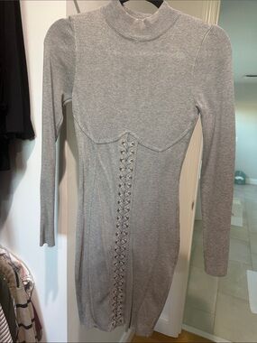 Hot Miami Styles Light Gray Long-Sleeve Lace-Up Knit Dress